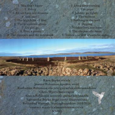 Back cover for The Ogres Hummingbird LP features Brodgar stone circle and the track listing